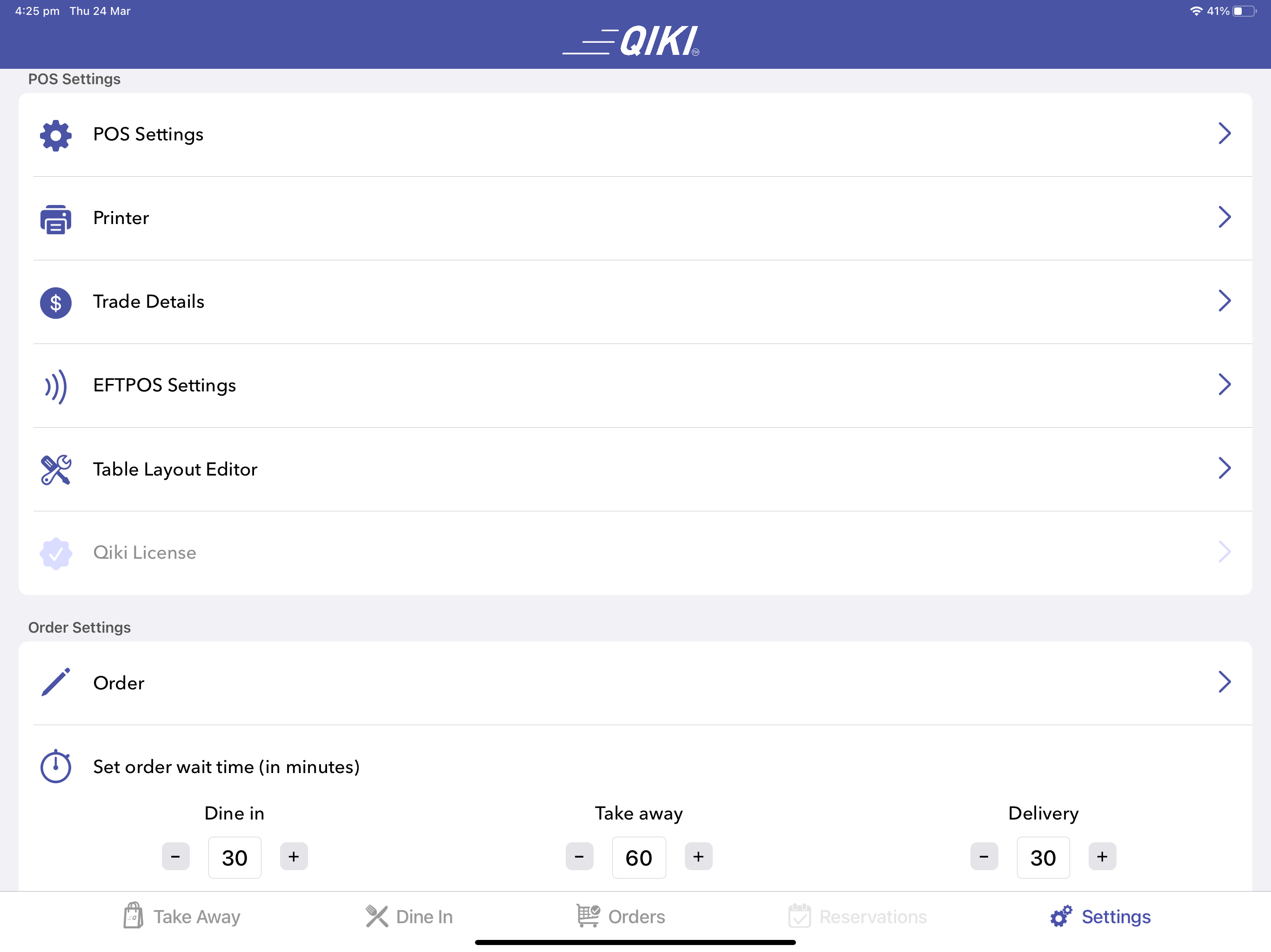 Qiki Hospitality POS App Settings