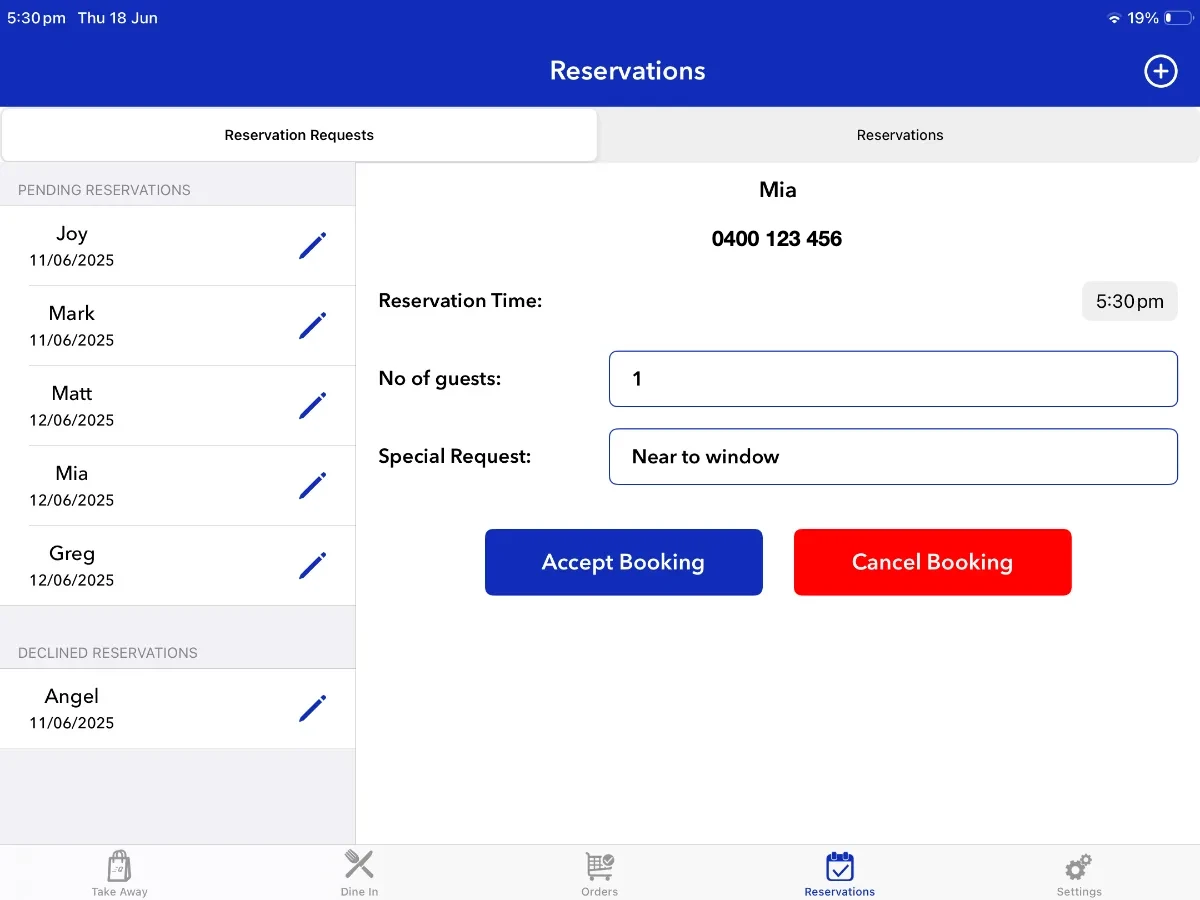 QIKI table reservations screen